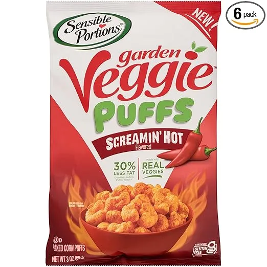 Sensible Portions Garden Veggie Screamin' Hot Flavored Baked Corn Puffs, 3 oz (Pack of 6)