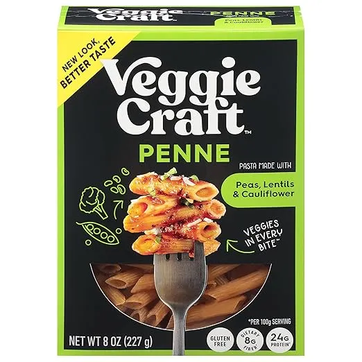 Veggiecraft Farms Penne Pasta- Low Carb Pasta, Protein Pasta, Lentil Pasta w/Peas & Cauliflower, Plant Based, Keto-Friendly, Gluten Free, Vegan- 8 Oz