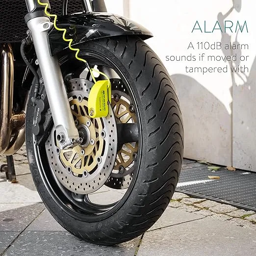 Navaris Motorcycle Disc Lock with Alarm - 110dB Anti-Theft Brake Wheel Caliper Lock with 4FT Reminder Cable for Motor Bike, Scooter, Moped - Green