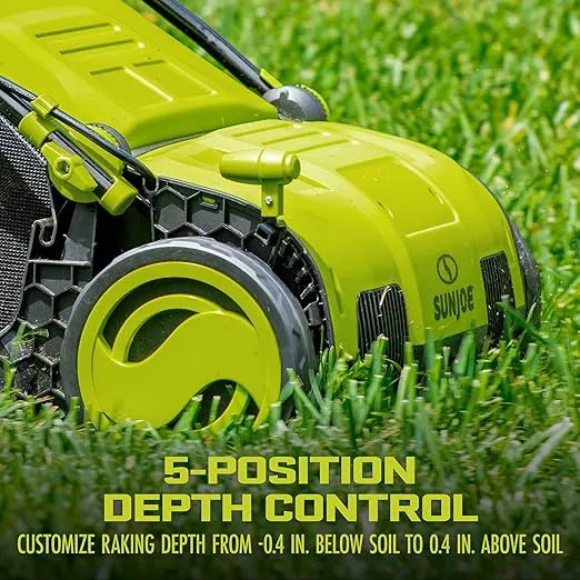 Sun Joe AJ805E 15-Inch 13-Amp Electric Dethatcher and Scarifier w/Removeable 13.2-Gal Collection Bag, 5-Position Height Adjustment, Airboost Technology Increases Lawn Health, Green