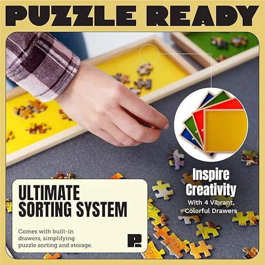 Puzzle Board with Drawers & Cover Mat - 1000 Pieces Wooden Jigsaw Puzzle Table - 24”x30” Portable Puzzle Board with Cover for Adults & Children - Colorful Puzzle Trays for Sorting - Puzzle Ready