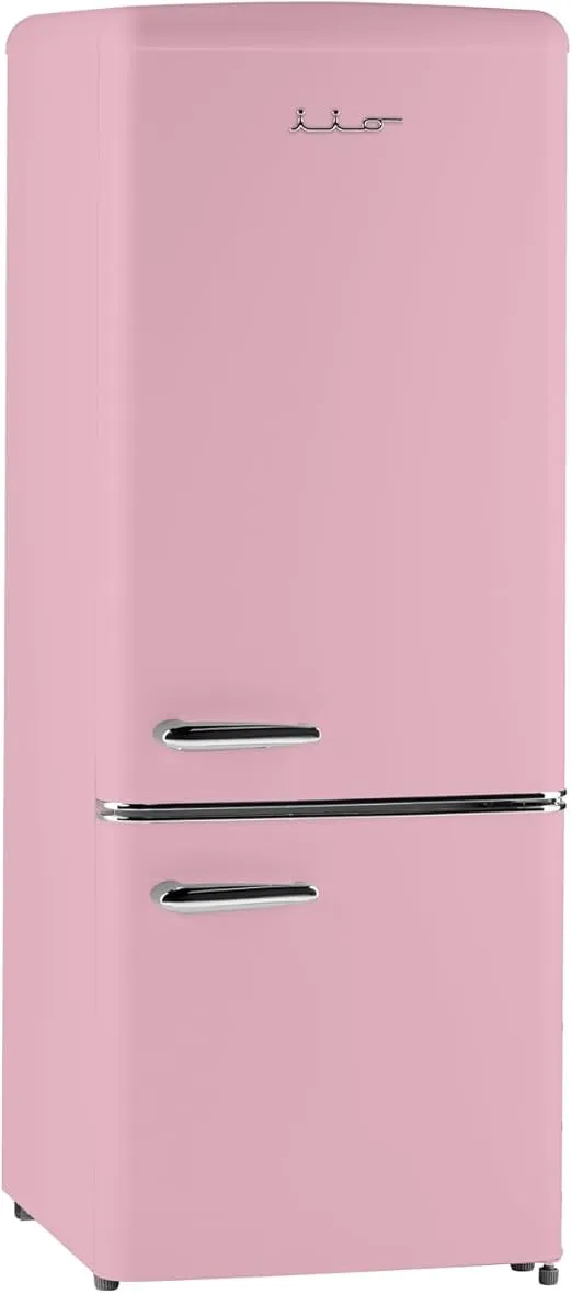 iio 7 Cu Ft Bottom Freezer Retro Refrigerator, Small, with Mini Fridge for Bedroom, 3 Glass replacement Shelves, LED Light,1 Crisper, 2 Drawers (Pink)