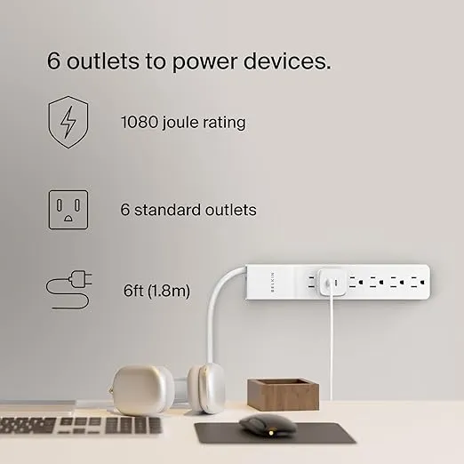 Belkin 6-Outlet Surge Protector Power Strip, 6ft Cord, 360° Rotating Plug - 1080 Joules Protection