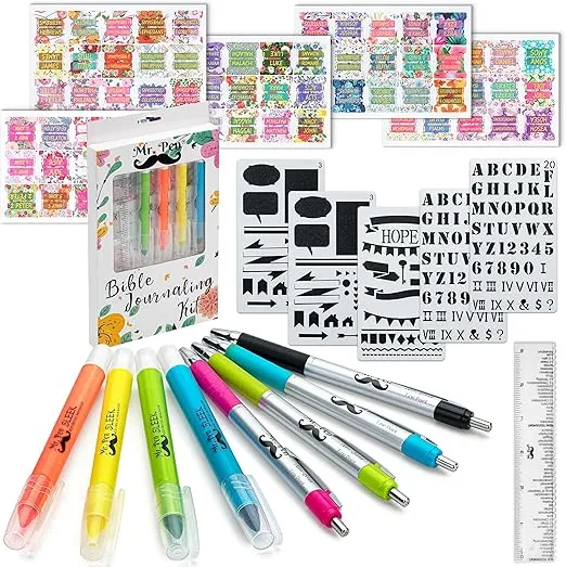 Mr. Pen- Bible Journaling Kit with Bible Highlighters/Markers and Pens No Bleed, Bible Tabs, Bible Stencils, Bible Ruler, Bible Study Supplies, Christian Gifts