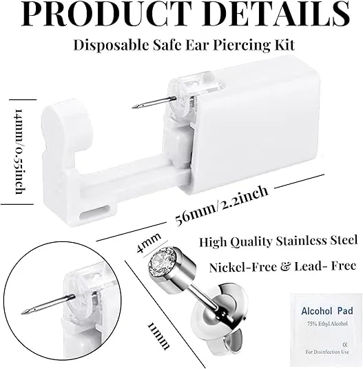 2Pcs Ear Piercing Kit - Self Disposable Piercing Gun Built-In Earring Stud Pain Relief at Home Piercer Kit Ease of Use Convenient Safe Operate 4mm