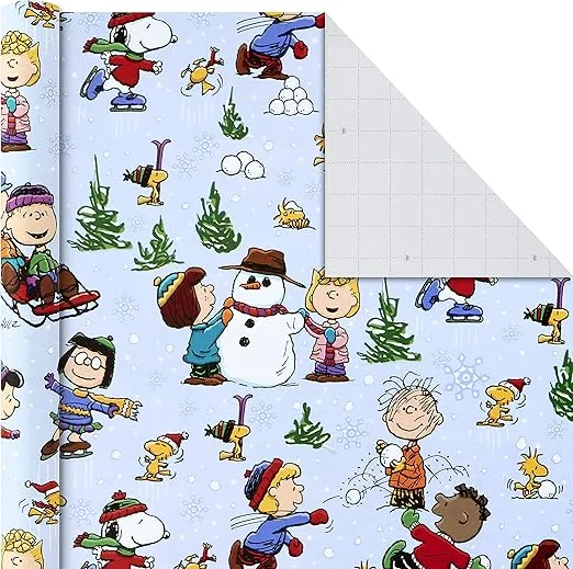 Hallmark Christmas Peanuts Wrapping Paper with Cut Lines on Reverse (Pack of 3, 105 sq. ft. ttl) Snoopy, Charlie Brown, Woodstock (5JXW1036)