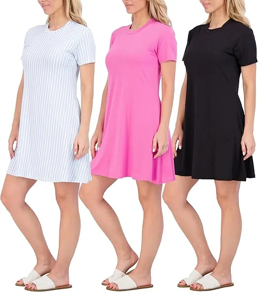 Real Essentials 3-Pack: Womens Soft Lounge Swing Casual T-Shirt Dress (Available in Plus Size)