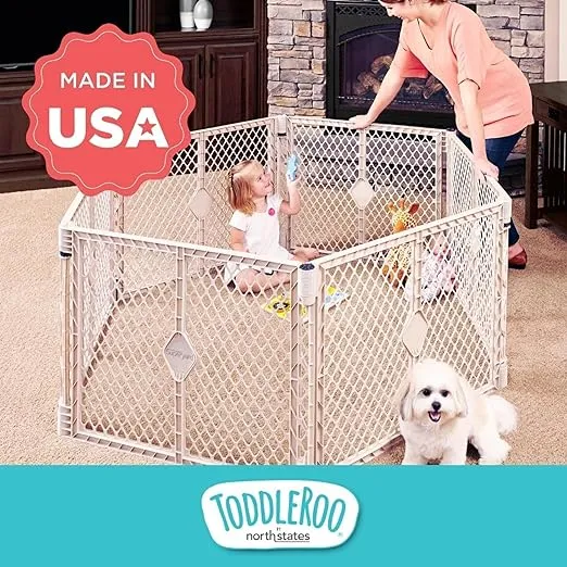 Toddleroo by North States Superyard 6 Panel Free Standing Play Yard, Indoor or Outdoor Baby Playpen, Baby Gate. Made in USA. 5.5 feet corner to corner play pen (26" Tall, Sand)