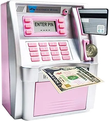 LB Upgraded ATM Piggy Bank for Real Money for Kids Girls Adults,Pink Money Bank Girls Piggy Bank Mini Atm Machine with Debit Card,Password Login,Coin Recognition,Balance Calculator,Electronic Safe Box