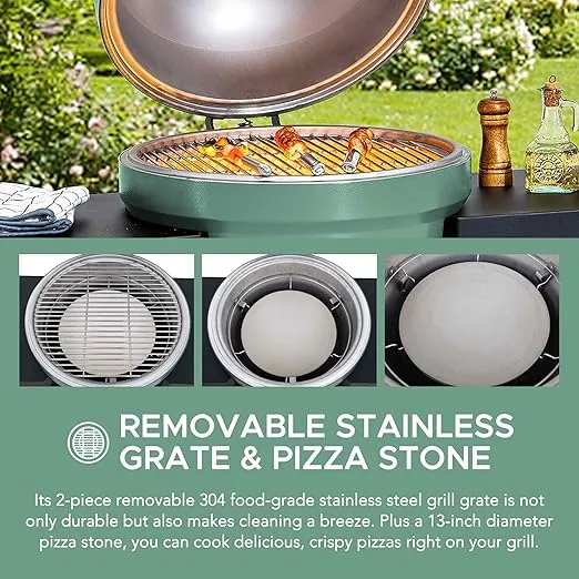 Sunjoy Charcoal Grill 20-Inch Kamado Grill Outdoor Egg Grill with Pizza Stone, Ultimate BBQ Grill and Smoker with Wheels, Green