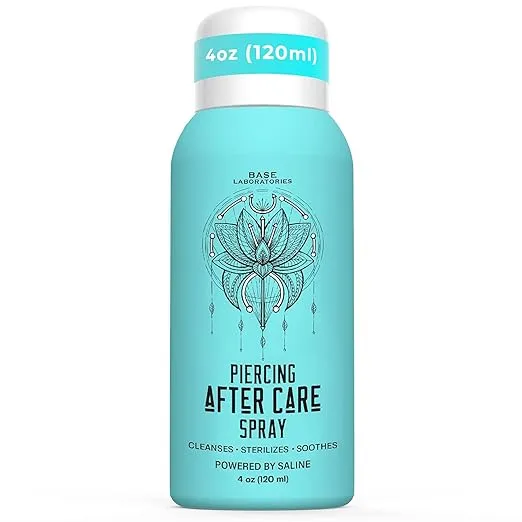BASE LABORATORIES Piercing Aftercare Spray 4oz | Saline Spray for Piercings | Ear Piercing Cleaner Spray | Saline Solution for Piercings | Piercing & Keloid Bump Removal for Ears, Belly Nose Piercings