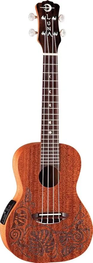 Luna Mo'o Mahogany Acoustic/Electric Concert Ukulele with Lizard Graphic & Gig Bag, Satin Natural