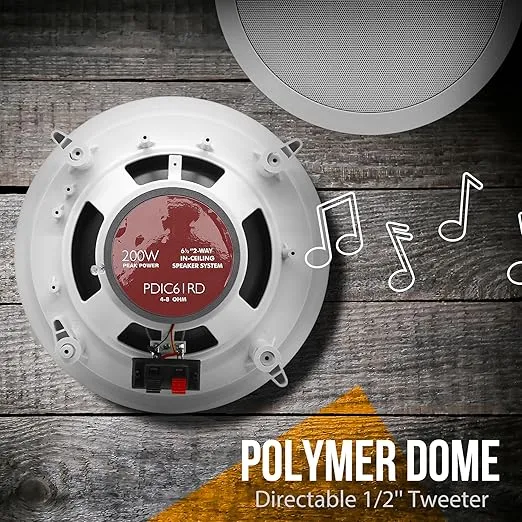 Pyle 6.5” Ceiling Wall Mount Speakers-Pair of 2-Way Midbass Woofer Speaker 1/2'' Polymer Dome Tweeter Flush Design w/70Hz-20kHz Frequency Response&200 Watts Peak Easy Installation-Pyle PDIC61RD