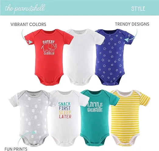The Peanutshell Baby Bodysuits for Boys and Girls, Short Sleeve Unisex 7 Pack, Newborn to 24 Months, Elephant Brights