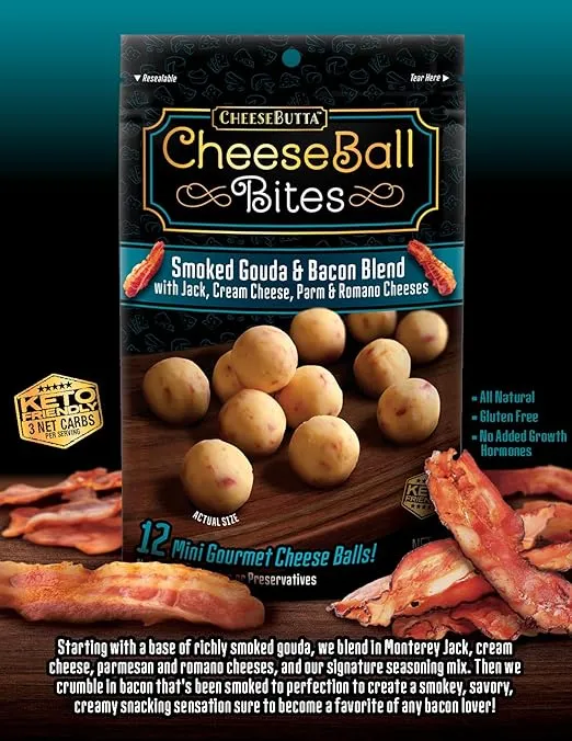 CheeseBall Bites - Gluten Free CheeseBall Bites, No Preservatives, Perfect for Snacks, On-the-Go, Luches, Charcuterie, Wine Tastings, Parties (4x Packs - 3.5oz each) (Smoked Gouda & Bacon - 3.5 oz (pack of 4))