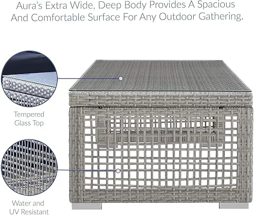 Modway Aura Wicker Rattan Outdoor Patio Tempered Glass Coffee Table in Gray
