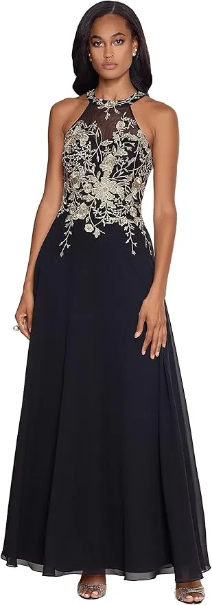 Betsy & Adam Women's Petite Long Embroidered Halter Chiffon Gown