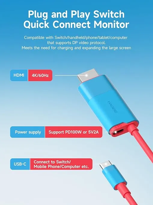 Hagibis Switch Dock for Nintendo Switch & Switch OLED, USB C to HDMI Cable Adapter with 4K@60Hz HDMI, 100W Power Delivery, Type-C to HDMI Adapter for Laptop, Tablet, SteamDeck, ROG Ally (Blue 60Hz)