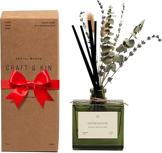 Craft & Kin Reed Diffuser Set with Dried Flowers, 5 oz Santal Woods Scented Reed Diffuser with Sticks, Scented Sticks Diffuser, Elegant Home Decor & Office Décor for Men & Women