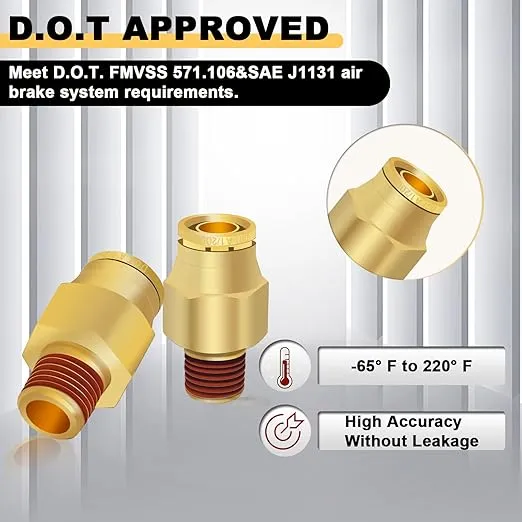 Siptenk 1/2" DOT Brass Push to Connect Air Line Fittings 5 PCS, 1/2" OD Tube x 1/4" NPT Thread Air Brake Line Quick Connect Fittings for Truck Trailers Industry Air System