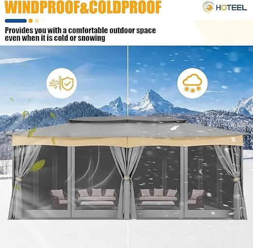 HOTEEL Gazebo 12x20, Outdoor Gazebo on Clearance with Double Ventilated Flat Roof, Privacy Curtains & Mosquito Netting, Easy Set up Canopy Tent with Stable Metal Frame for Patio, Gray (Upgraded 2.0)