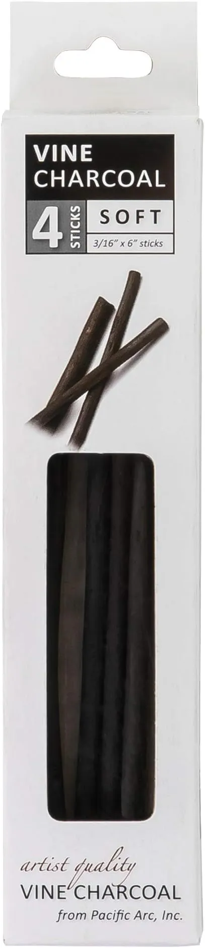 Pacific Arc Artist Vine Charcoal, Soft, Black 4 Charcoal Sticks for Drawing, Sketching, and Fine Art