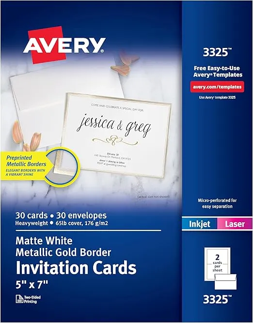 AVERY Invitation Cards with Metallic Gold Borders, 5" x 7" Printable Cards, 30 Cards and Envelopes (3325)