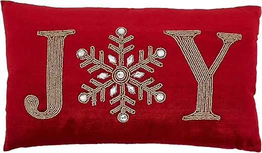 SARO LIFESTYLE Christmas Collection Beaded Joy Pillow Cover, 12"" x 20"", Red (9053.R1220BC)