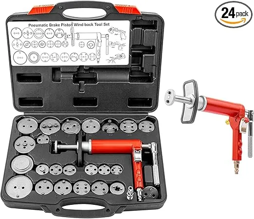 Pneumatic Brake Caliper Compression Tool, 24-Piece Air Operated Disc Brake Piston Wind Back Air Retractor Rewind Spreader Tool Set with Compression Spreading Tool for Auto Brake Repair