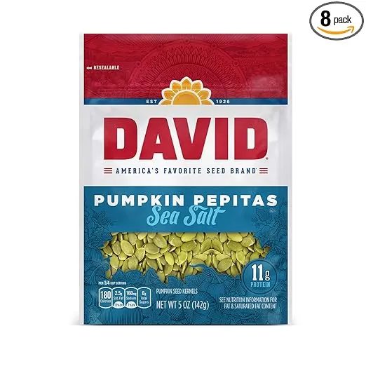 DAVID Seeds Sea Salt Pumpkin Pepitas Seeds, Keto Friendly Snack, 5 OZ Bags, 8 Pack