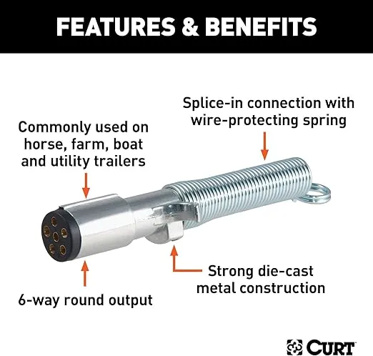 CURT 58082 Trailer-Side 6-Pin Round Wiring Harness Plug with Spring, SILVER