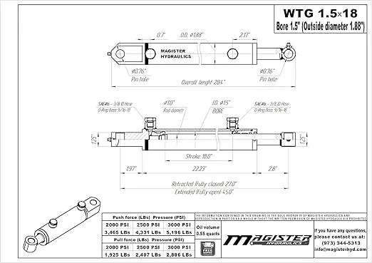 Magister Hydraulics Double Acting Hydraulic Cylinder - Tang Universal Hydraulic Cylinder 1.5" Bore, 18 inch Stroke Tang Style (1.5x18)