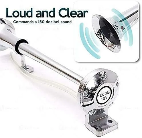 ZONETECH 12V Single Trumpet Air Horn - Premium Quality Silver Single Trumpet Air Horn Relay Included Chrome + Compressor Super Loud 150db for Truck, Train Lorry, Boat and SUV (1-Pack)