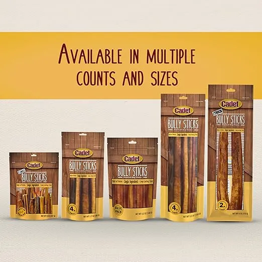 Cadet Bully Sticks for Small Dogs – All-Natural Beef Pizzle, High Protein, Low Fat, Long-Lasting, Grain & Rawhide-Free Dog Chews for Aggressive Chewers, Small (1 Count)