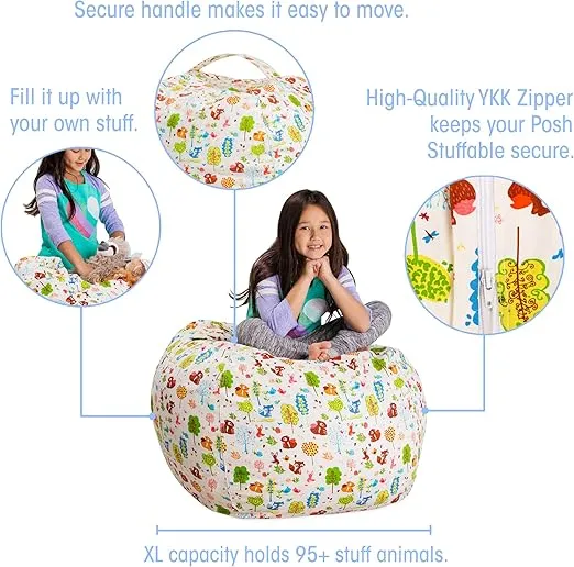 Posh Stuffable Kids Stuffed Animal Storage Bean Bag Chair Cover - Childrens Toy Organizer, Large 38" - Canvas Animals Forest Critters