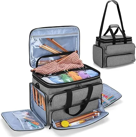 Yarwo Knitting Yarn Bag, Portable Crochet Storage Tote with Double Top Cover and Yarn Holes for Knitting Needles(Up to 14”), Unfinished Projects and Skeins of Yarn, Gray