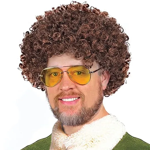 Bob Ross Brown Costume Afro Wig, Synthetic Curly Hair Wig, Art Teacher Costume with 70s Retro, Funny, Dress Up, Party, Roleplay, Cosplay, Unisex, and Halloween Pop Culture Joy of Painting Theme