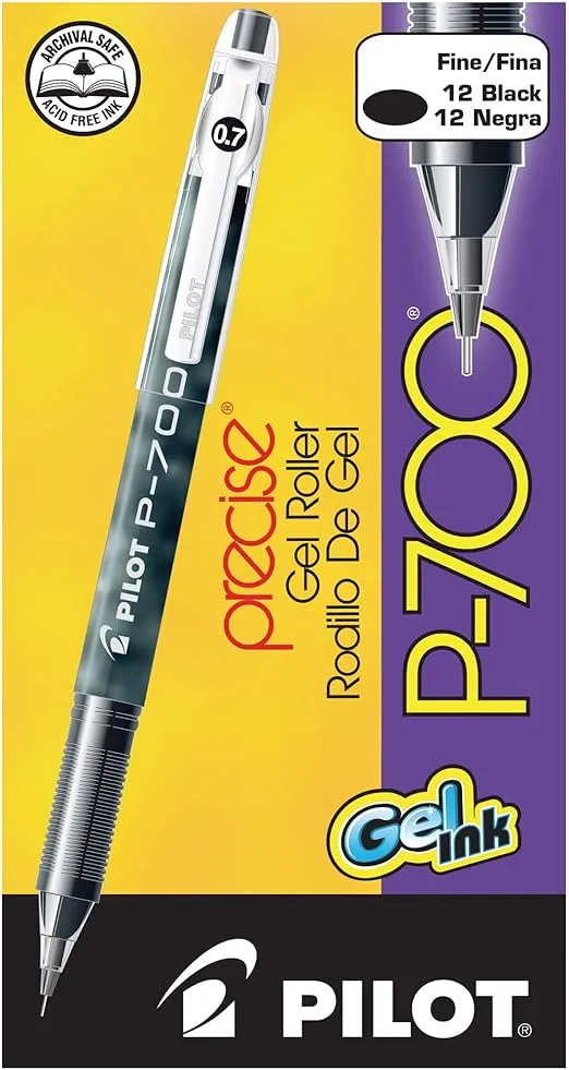 PILOT, Precise P-700 Gel Ink Rolling Ball Stick Pens, Marbled Barrel, Fine Point 0.7 mm, Black, Pack of 12