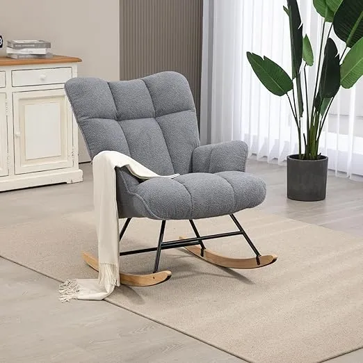 Nursery Rocking Chair Teddy, Upholstered Glider Rocker with High Backrest, Comfortable Stylish Accent Armchair with Padded Seat for Living Rooms, Bedrooms,Classroom, Darkgrey
