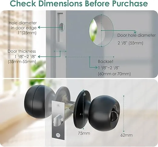 Fingerprint Door Lock,Smart Door Knob,Biometric Door Lock,Thumbprint Door Knob with APP Control, Key, Great for Bedroom, Front Door, Apartment, Office, Garage, Cloakroom Black