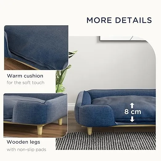 PawHut Dog Sofa, Raised Dog Couch with Comfortable Cushion, Pine Wood Legs, Foot Pads, Pet Sofa for Large-Sized Dogs Indoor Use, Dark Blue