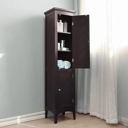 Teamson Home Glancy 63 in. Freestanding Linen Storage Tower with Two Doors and Adjustable Shelves for a Stylish and Functional Storage Solution in Bathrooms, Kitchens, or Living Room, Dark Brown