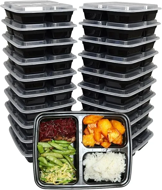 Green Direct Pack of 10 (32 oz) - Disposable Meal Prep and Take out 3 Compartment black food containers with lids, Plastic Bento Lunch Box To Go
