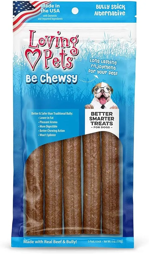 Loving Pets - Be Chewsy Bully Stick Alternative Dog Treat for Small, Medium & Large Dogs (5 Pack of 6 Sticks)