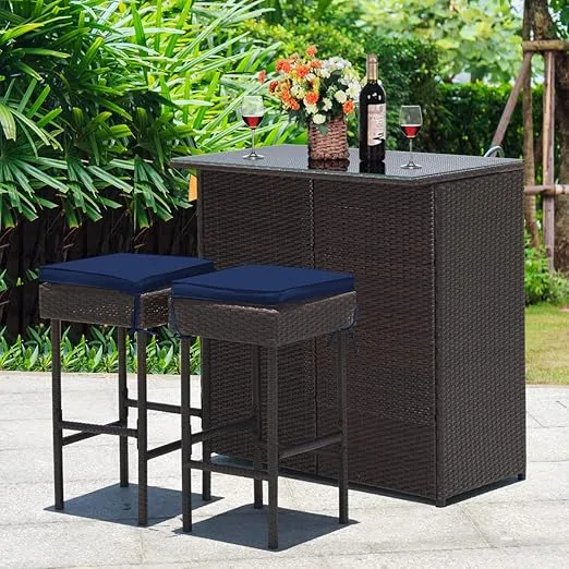 Tangkula Patio Bar Set, 3 Piece Outdoor Rattan Wicker Bar Set with 2 Cushions Stools & Glass Top Table, Navy & Off White Cover, Outdoor Furniture Set for Patios Backyards Porches Gardens Poolside