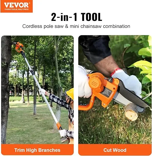 VEVOR 2-in-1 Cordless Pole Saw & Mini Chainsaw, 20V 2Ah Battery Pole Chainsaw, 5" Cutting Capacity 8 ft Reach Pole Saw for Branch Cutting & Tree Trimming (Battery and Blade Cover Included)
