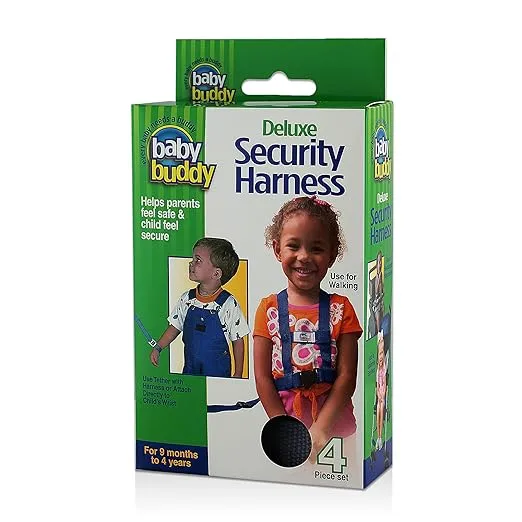 Baby Buddy Deluxe Safety Harness, with Adjustable Tether and Chair Restraint Straps, for Ages 9 Months to 4 Years, Black, 4 Piece Set