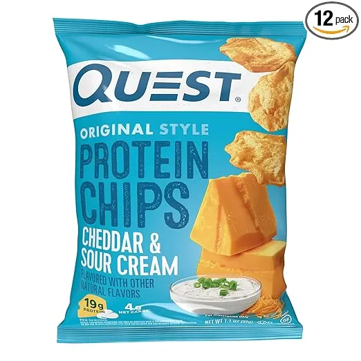 Quest Nutrition Cheddar & Sour Cream Protein Chips, 19g Protein, 4g Net Carbs, Low Carb, Gluten Free, 1.1 oz (Pack of 12)