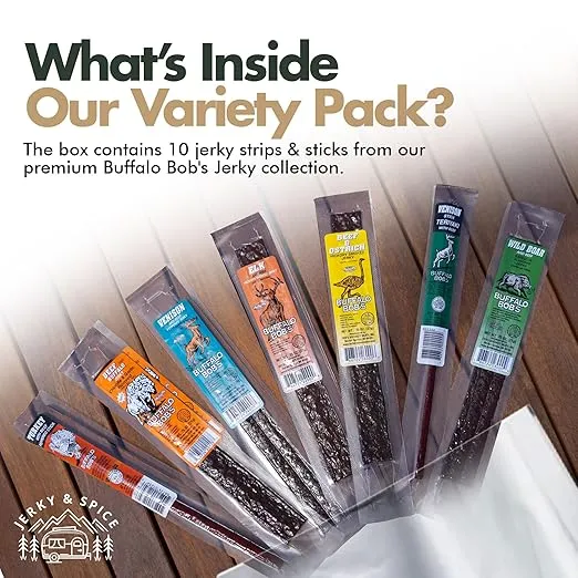 Buffalo Bob’s Wild Game Jerky (10-Pack), Exotic Meat Jerky Sampler Gift Pack, Premium Wild Game Meat Bouquet, Jerky Gifts for Men, Jerky Variety Pack