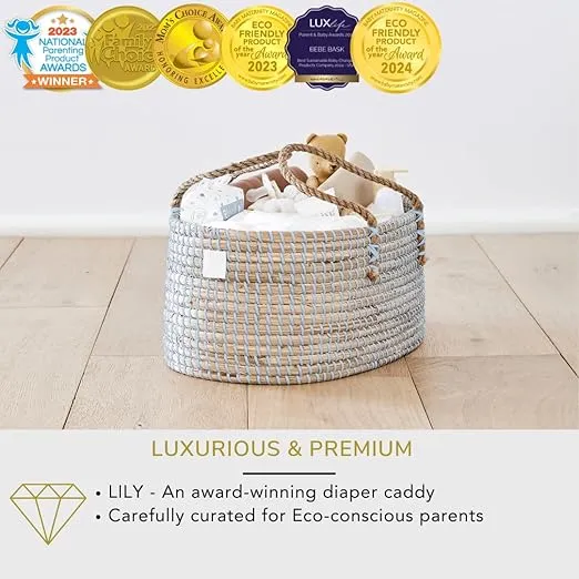 Baby Diaper Caddy Organizer - Handmade Organic Seagrass - Luxury Blue Diaper Caddy Basket - Diaper Caddy Light Blue - Diaper Caddy For Baby Boy (Dove)